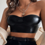 HIGH QUALITY SEXY BLACK LEATHER CROP TOP PUSH UP