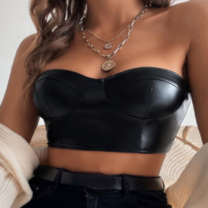 HIGH QUALITY SEXY BLACK LEATHER CROP TOP PUSH UP
