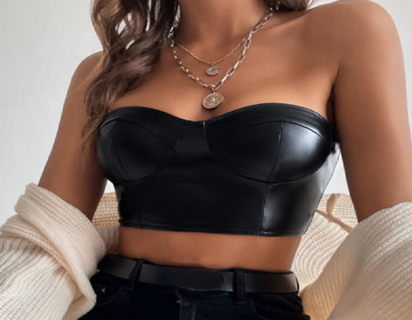 HIGH QUALITY SEXY BLACK LEATHER CROP TOP PUSH UP